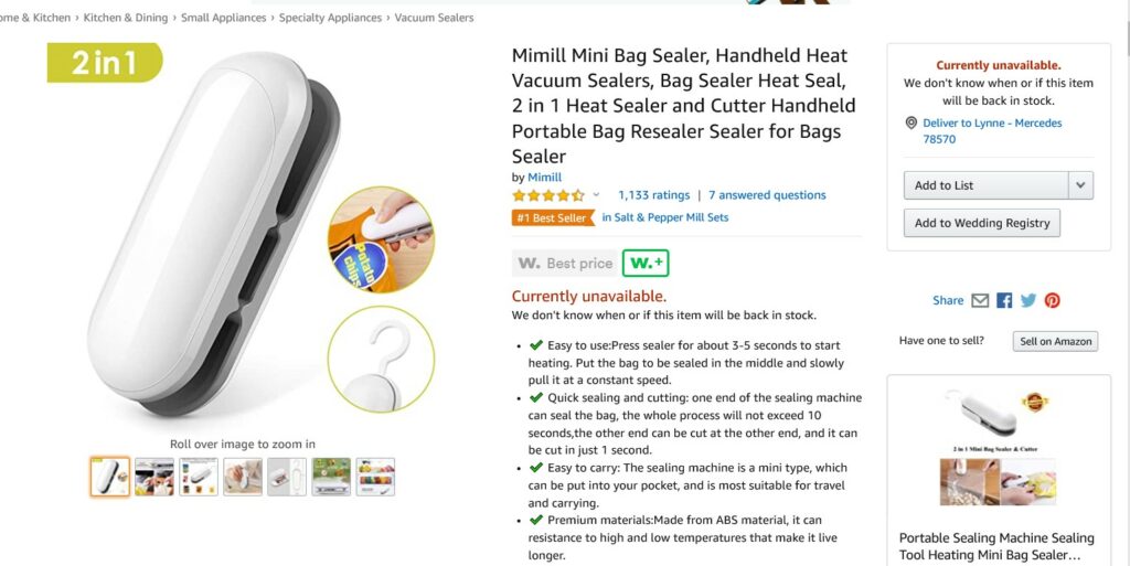 Amazon movers and shakers menu with a 2 in 1 mini bag sealer picture and discription of product