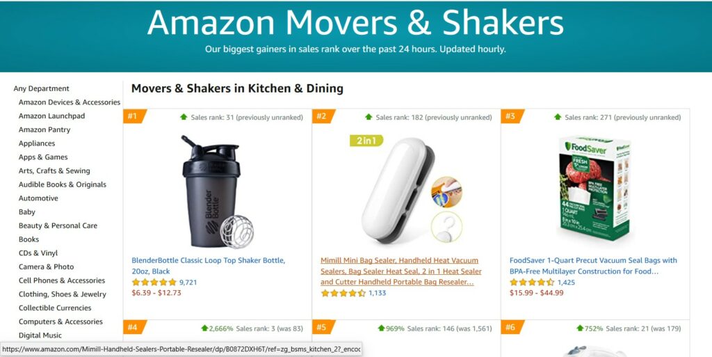 Amazon's movers and shakers menu with a green top and several different products pictured on it