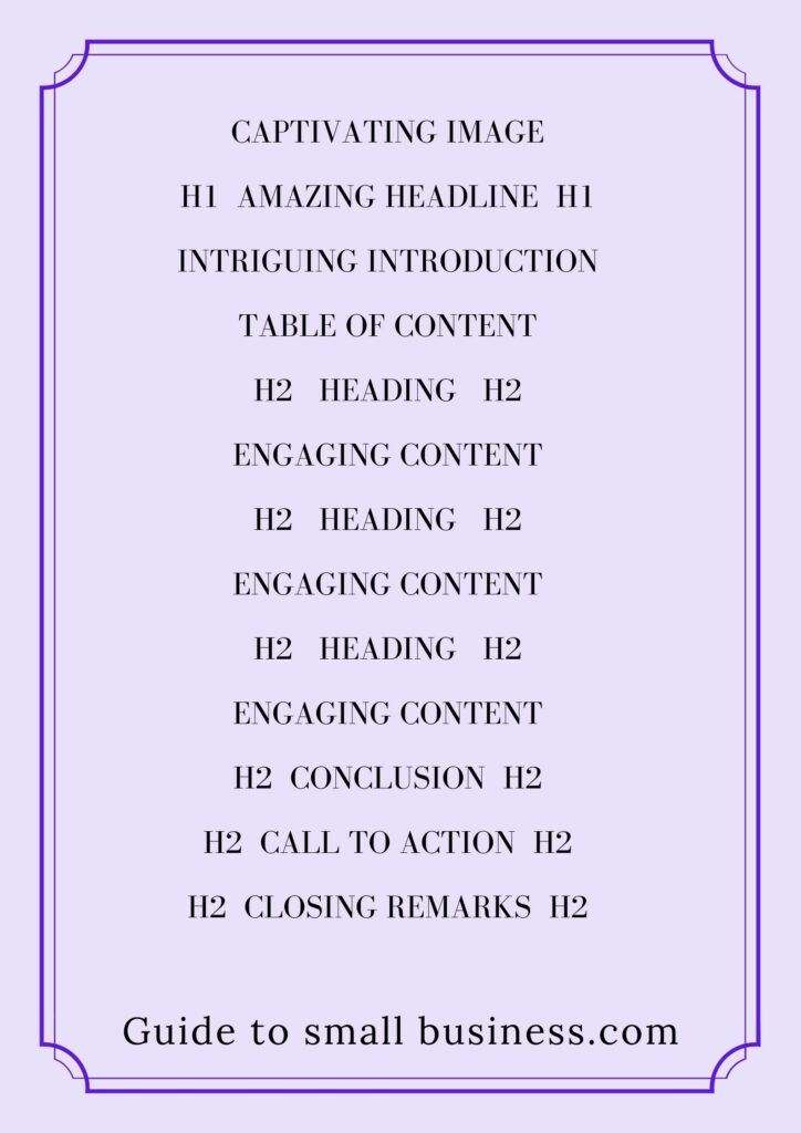A light purple background with a medium purple double line frame around it with these words inside the frame. Captivating Image, H1 Amazing Headline, Intrguing Introduction, Table of content, H2 heading, Engaging content, H2 heading, Engaging content, H2 heading, Engaging content, H2 heading, H2 conclusion, H2 call to action, H2 closing remarks, Guide to small business dot com 